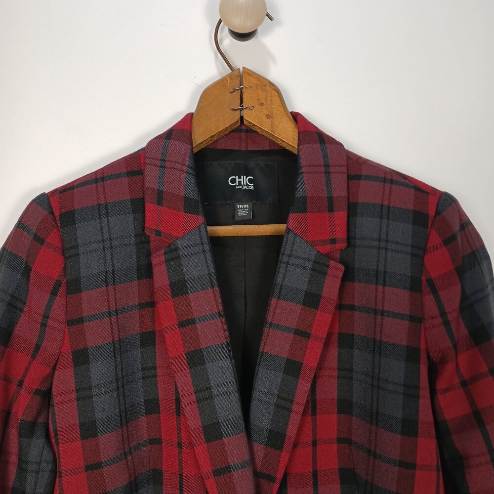 Vintage Chic by Jacob Red Black Plaid Blazer Women’s XS Tartan One Button Retro - Picture 5 of 10